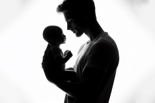 Silhouette d'un homme avec un bébé dans les bras sur un fond blanc