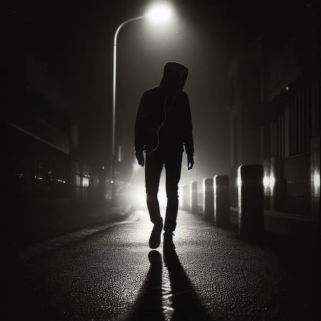 Silhouette d'un homme avec une capuche qui marche dans une rue la nuit