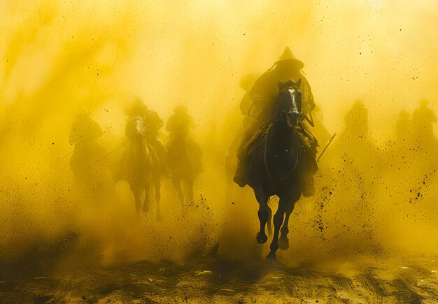 Silhouette d'un homme à cheval dans un désert brumeux