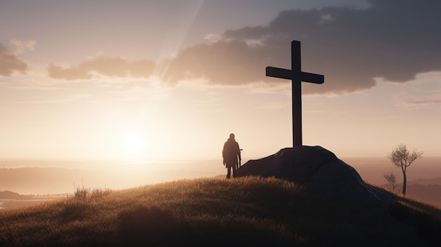 Photo silhouette d'un homme avec une croix au sommet d'une colline au coucher du soleil