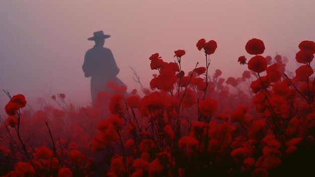 Photo silhouette d'un homme dans un champ de fleurs rouges paysage éthérique fantomatique et dramatique