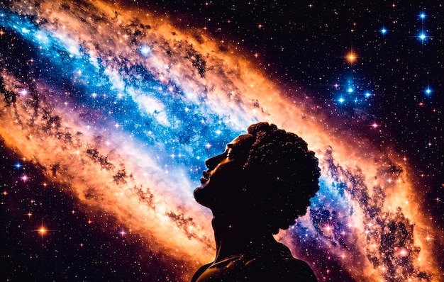 Photo silhouette d'homme dans l'espace avec des étoiles et une nébuleuse le concept de dieu à l'image d'un homme sur le fond de l'univers ai générative