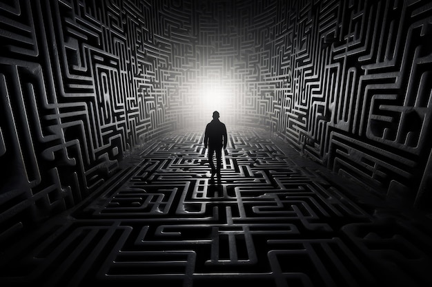 Photo silhouette d'homme dans un labyrinthe trouver une solution