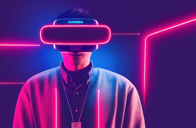 Silhouette d'un homme dans un mouvement de dispositif de réalité virtuelle dans le monde numérique abstrait