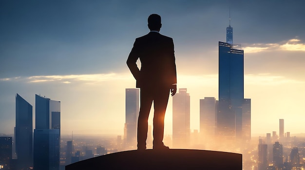 Photo une silhouette d'un homme debout sur une colline avec une ville en arrière-plan générative par ai