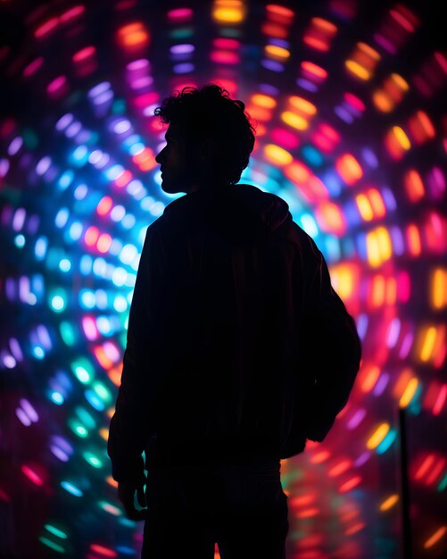 silhouette d'un homme devant des lumières colorées