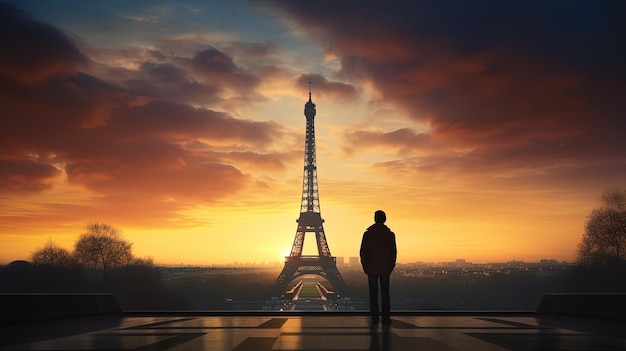 La silhouette d'un homme devant la Tour Eiffel Paris France