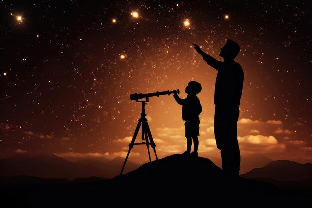 Silhouette d'un homme et d'un enfant regardant les étoiles à travers un télescope