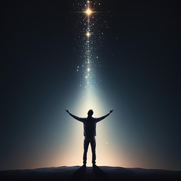 Photo la silhouette d'un homme avec l'étoile sur le fond du ciel le concept de freedomman dans le ciel