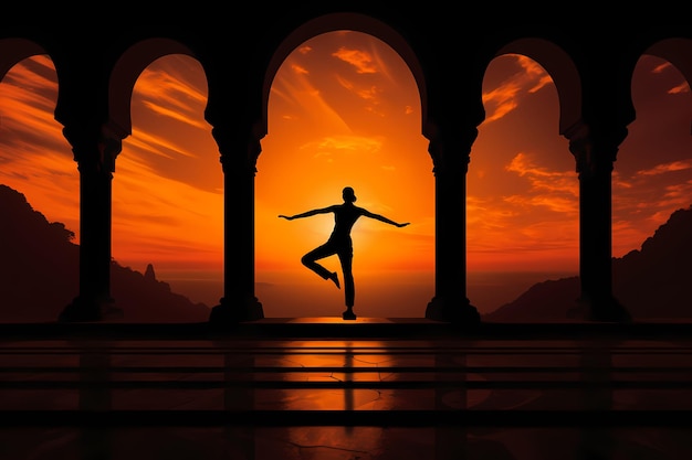 Silhouette d'homme faisant du yoga dans le vieux temple sur fond de ciel coucher de soleil orange