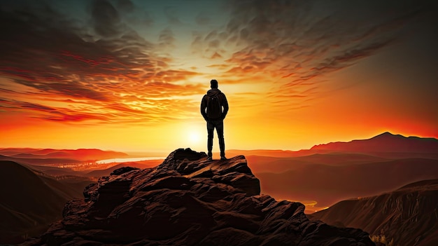 Silhouette d'homme sur la falaise profitant de la vue sur le coucher du soleil dans les montagnes pendant l'été