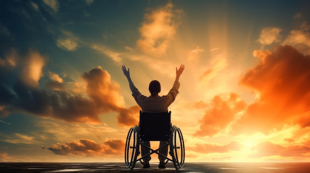 Silhouette d'un homme en fauteuil roulant sur un fond de coucher de soleil