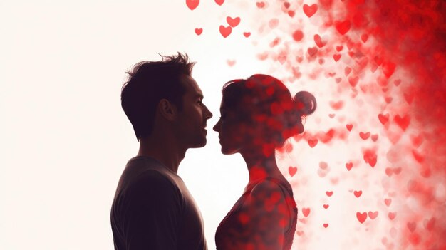 Silhouette d'un homme et d'une femme face à face avec des cœurs rouges flottant autour
