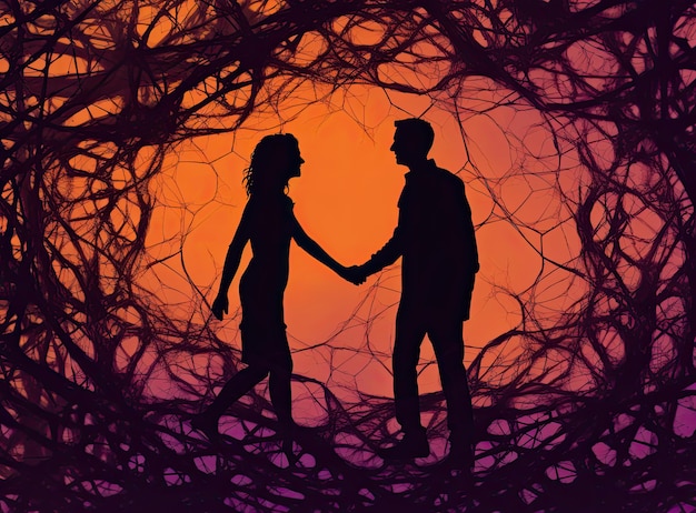 Silhouette d'un homme et d'une femme sur un fond d'arbres