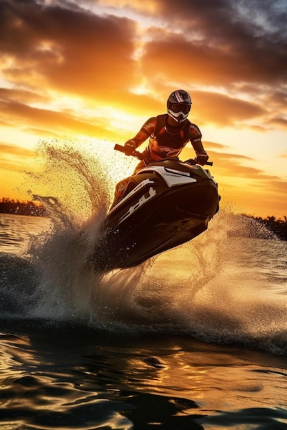 la silhouette d'un homme fort saute sur le jetski au-dessus de l'eau au coucher du soleil