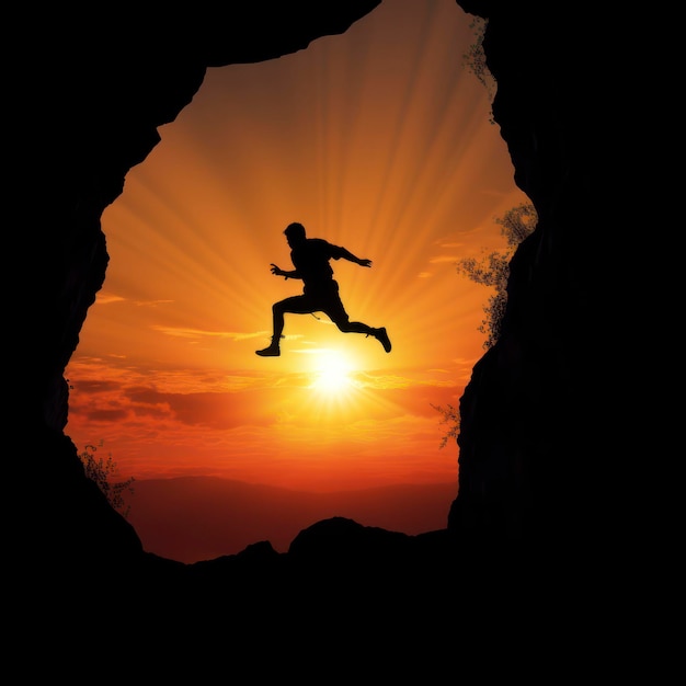 silhouette d'un homme grimpant sur une échelle et le coucher du soleil