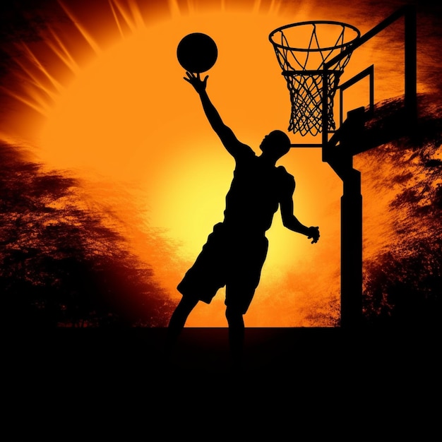 Silhouette d'un homme jouant au basket au coucher du soleil