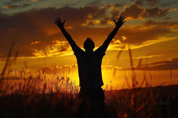 Photo silhouette d'un homme avec les mains levées au coucher du soleil concept pour la religion le culte la prière et la louange