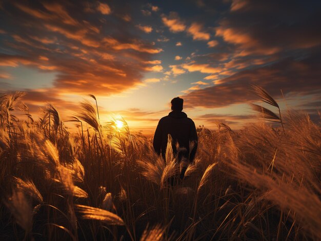 Silhouette d'un homme marchant sur l'herbe au coucher du soleil