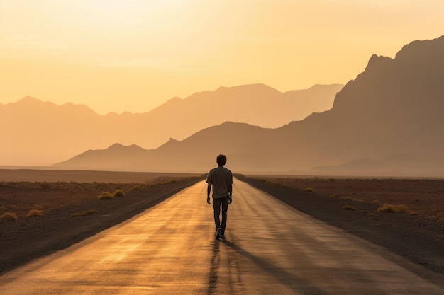 Silhouette d'un homme marchant sur la route dans le désert