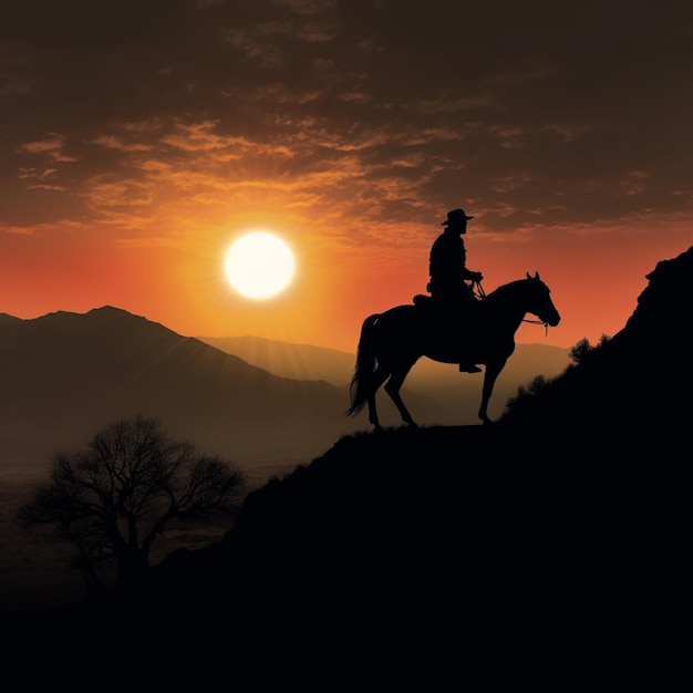 silhouette d'un homme montant un cheval sur une montagne au coucher du soleil ai générative