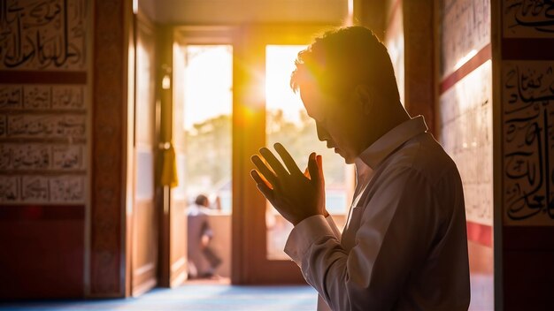 Photo la silhouette d'un homme musulman asiatique qui prie dans une pièce avec la lumière du soleil brillant à travers le d