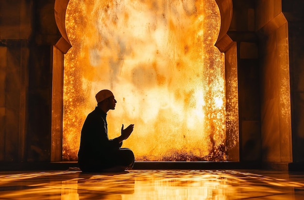 Silhouette d'un homme musulman assis tout en levant les mains et en priant dans une mosquée avec un concept islamique