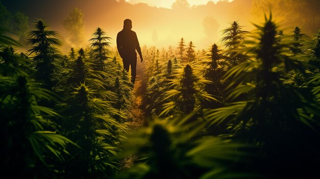 Silhouette d'un homme sur une plantation de cannabis à la lumière du soleil