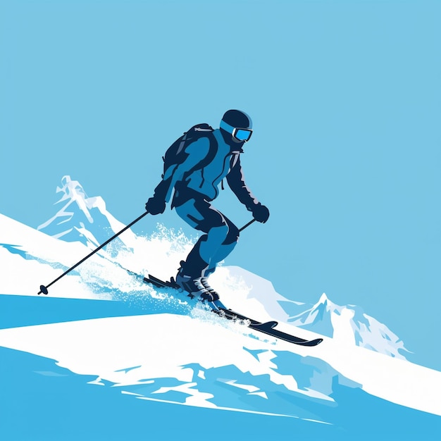 Silhouette d'homme plat bleu en train de skier sur un fond blanc