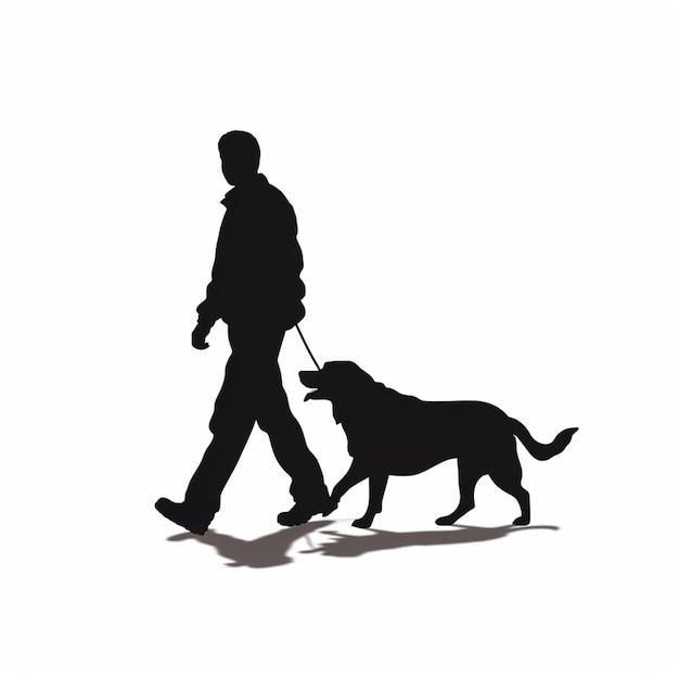 Photo silhouette d'un homme promenant un chien en laisse ai génératif