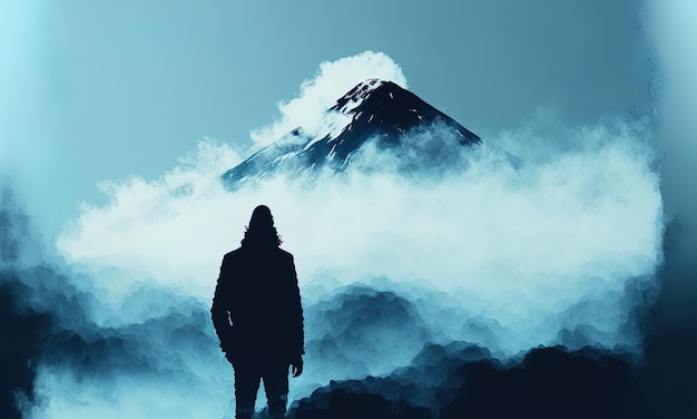 Une silhouette d'un homme regardant et observant la beauté du paysage de montagne abstrait bleu