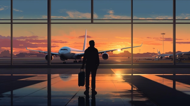 La silhouette d'un homme regarde l'avion depuis le terminal de l'aéroport.