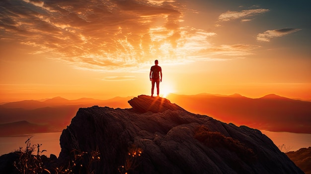 Silhouette d'un homme sur un rocher admirant un beau coucher de soleil