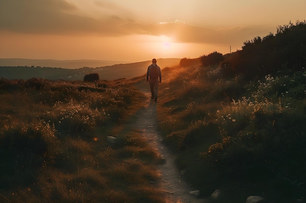 Silhouette d'un homme avec un sac à dos marchant sur un sentier de montagne au coucher du soleil