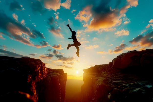 Photo silhouette d'un homme sautant sur un fossé au coucher du soleil concept succès commercial et réalisation
