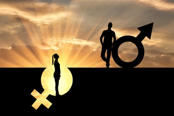 Photo la silhouette d'un homme supérieur à une femme qui se tient dans une fosse à partir d'un symbole de genre. le concept d'inégalité entre les sexes