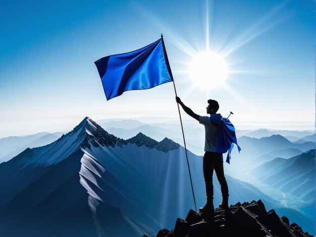 Silhouette d'un homme tenant un drapeau bleu au sommet d'une montagne concept de réalisation et de succès