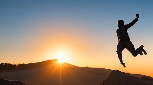 silhouette de l&#39;homme voyage sauter vers le haut pour les réalisations réussies et célébrant le succès avec sunrise