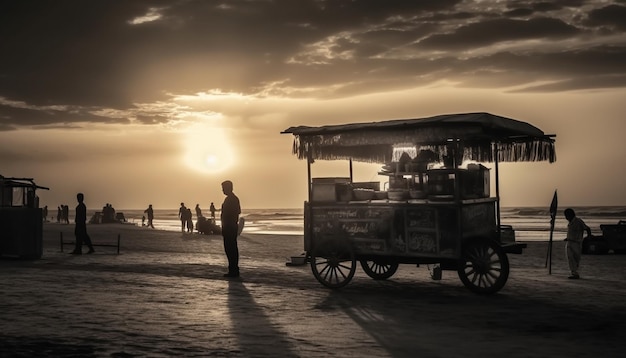 Silhouette d'hommes conduisant une voiture sur le littoral pendant les vacances d'été générées par l'IA