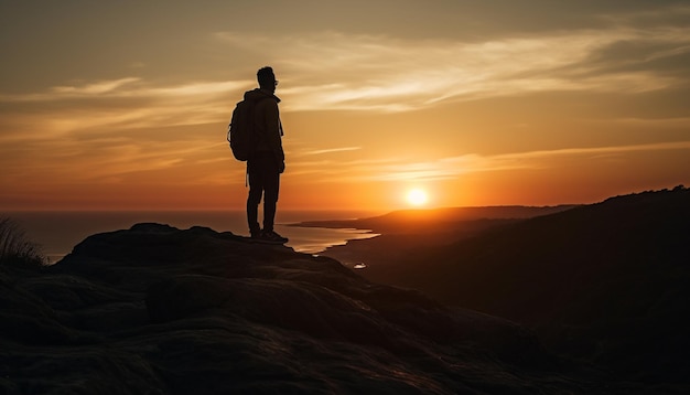 Silhouette d'hommes en randonnée au sommet de la montagne à l'aube générée par l'IA