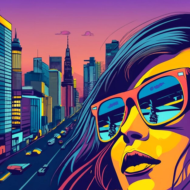 La silhouette de l'horizon de la ville reflétée dans les lunettes de soleil Illustration vectorielle AI_Generated