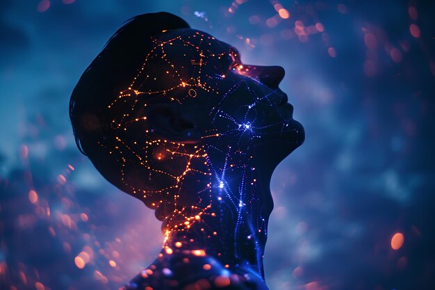 silhouette humaine avec un circuit bioluminescent intégré dans la peau