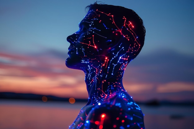 silhouette humaine avec un circuit bioluminescent intégré dans la peau