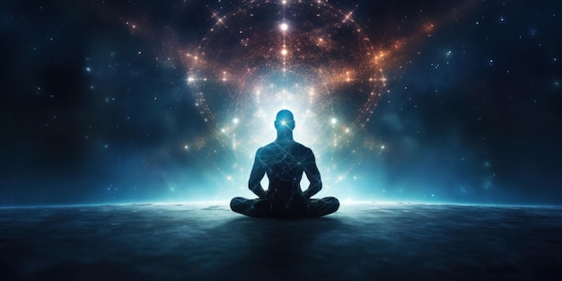 Une silhouette humaine en méditation dans la pose du lotus du yoga Arrière-plan de l'univers galactique