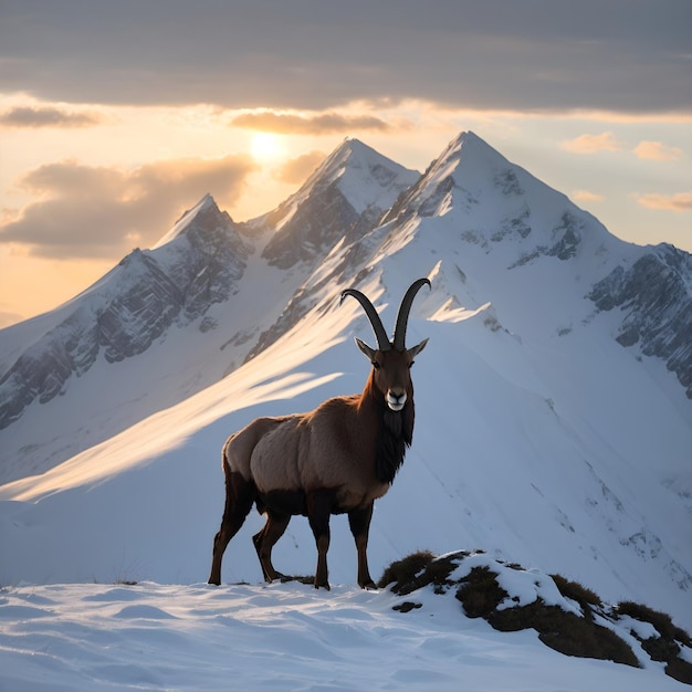 Photo la silhouette d'un ibex solitaire au coucher du soleil