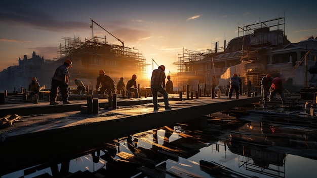 Silhouette ingénieur ordres permanents pour les équipes de construction pour travailler sur le terrain élevé de l'industrie lourde