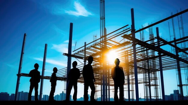 Silhouette ingénieur ordres permanents pour les équipes de construction pour travailler sur le terrain élevé de l'industrie lourde