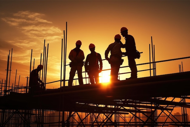 Silhouette d'un ingénieur et d'un ouvrier sur un chantier de construction au coucher du soleil le soir