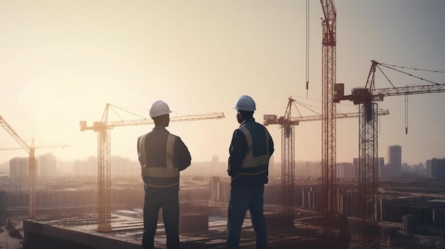 Silhouette d'ingénieur et travailleur sur chantier avec grues de construction ai générative