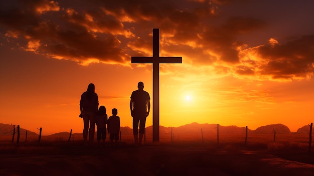 Photo silhouette de jésus et croix au coucher du soleil